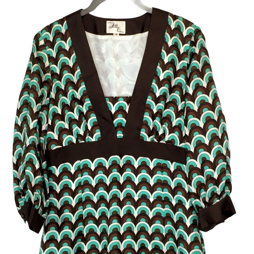 Milly New York Dress Size 4 Seafoam Green Brown White Print Silk Faille Womens - Picture 6 of 12